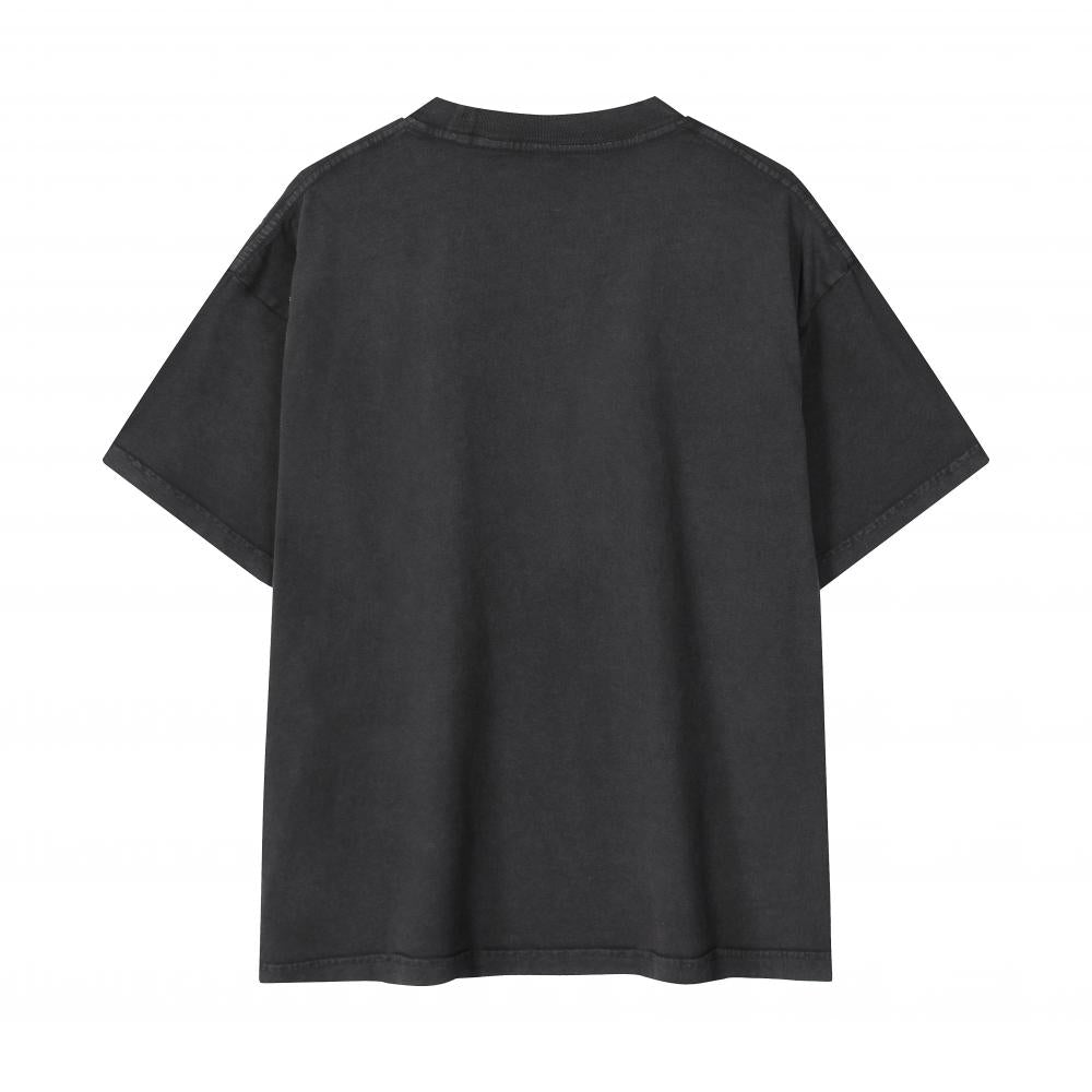 Unisex oversized enzyme-wash T-shirt, black, back view, crew neck, short sleeves