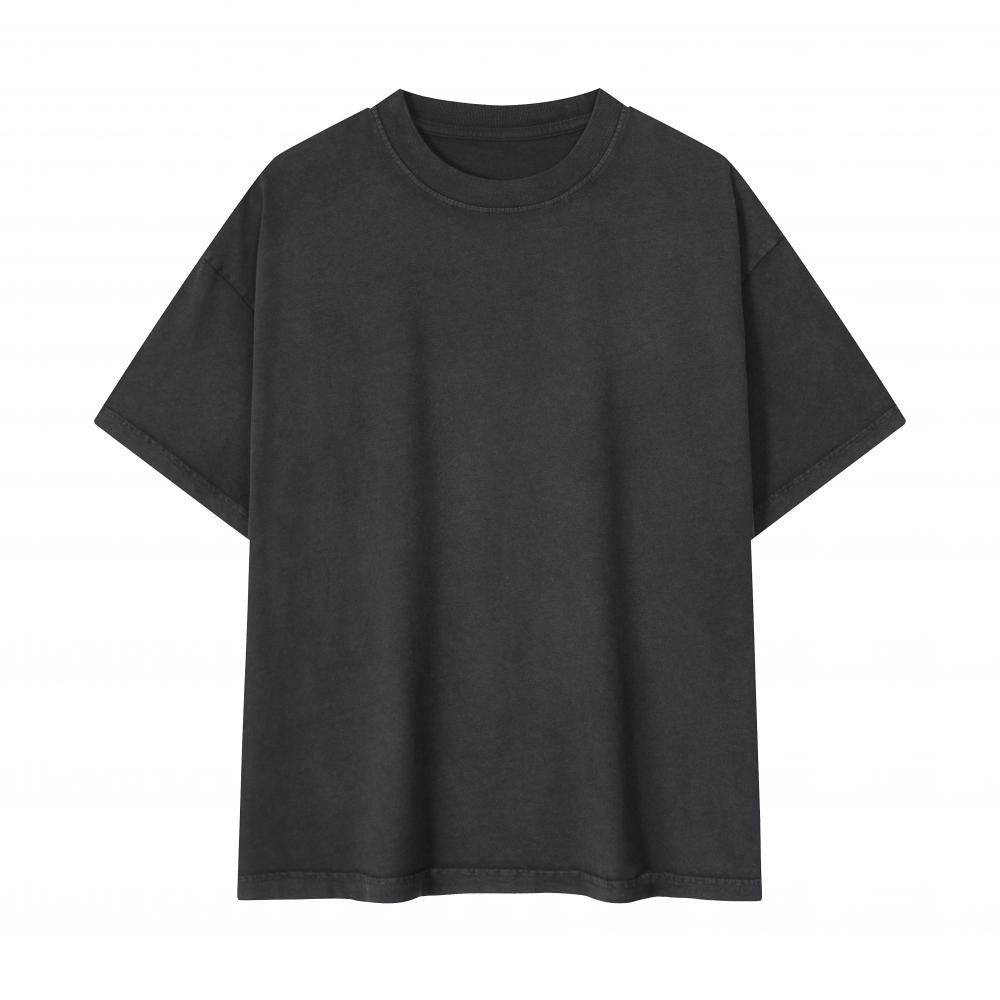 Unisex oversized enzyme-wash T-shirt, black, relaxed fit, crew neck, short sleeves
