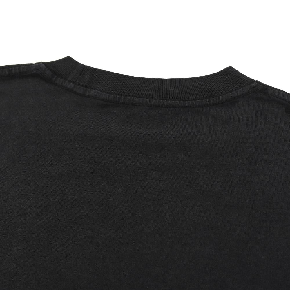 Black enzyme-wash T-shirt collar close-up, ribbed crew neck