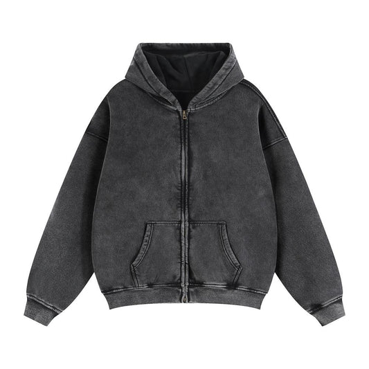 Unisex acid wash oversized full-zip hoodie, dark charcoal with hood and front pockets