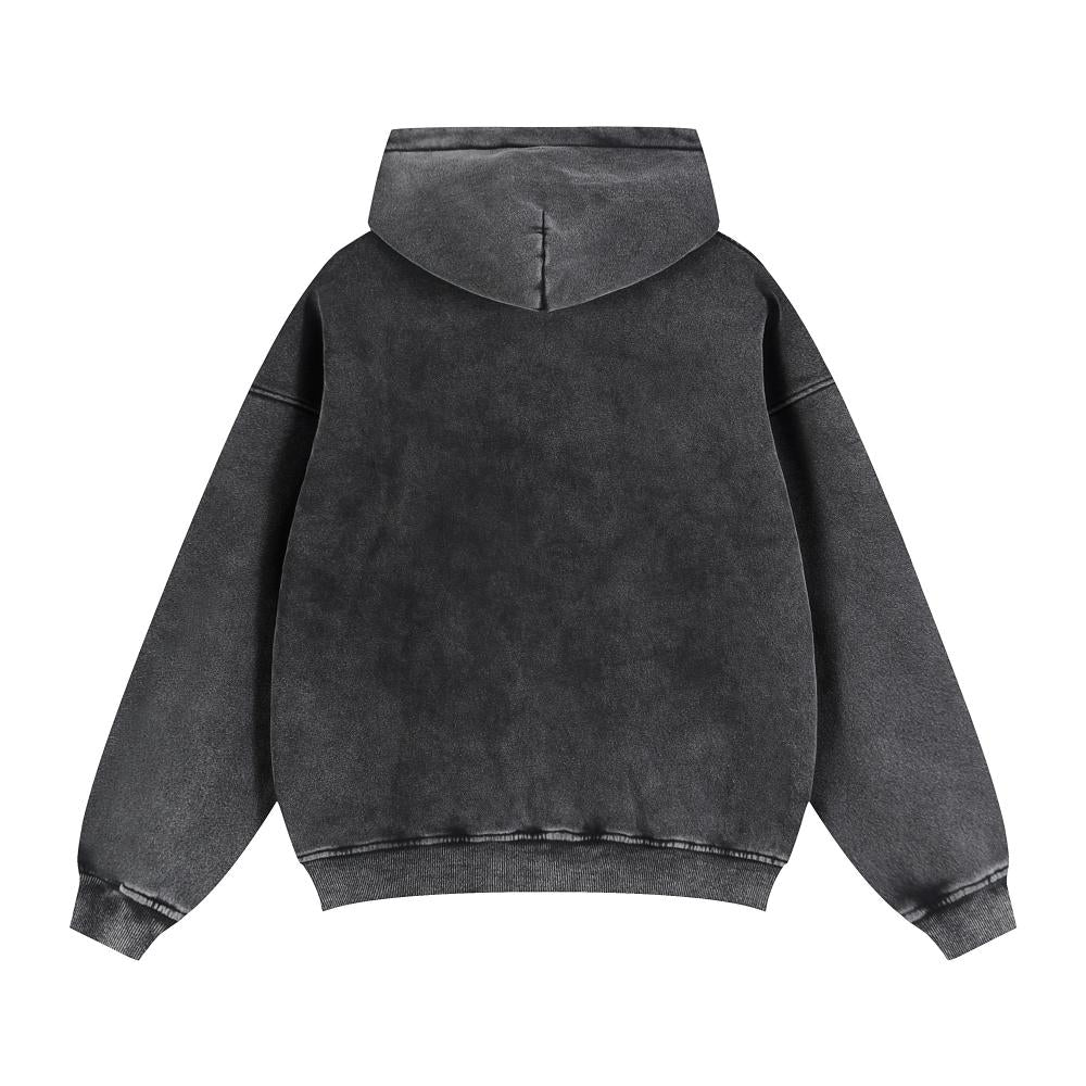 Unisex acid wash oversized full-zip hoodie, dark charcoal back view with hood