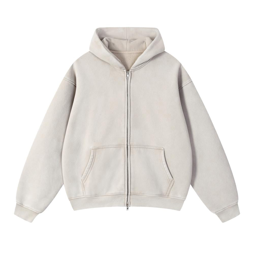 Unisex acid wash oversized full-zip hoodie, light beige with hood and kangaroo pockets