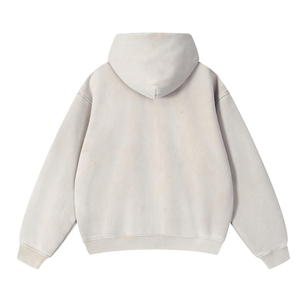 Unisex acid wash oversized full-zip hoodie, light beige back view with hood