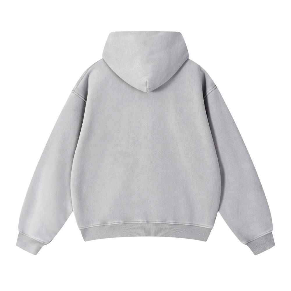 Unisex acid wash oversized full-zip hoodie, light grey back view with hood