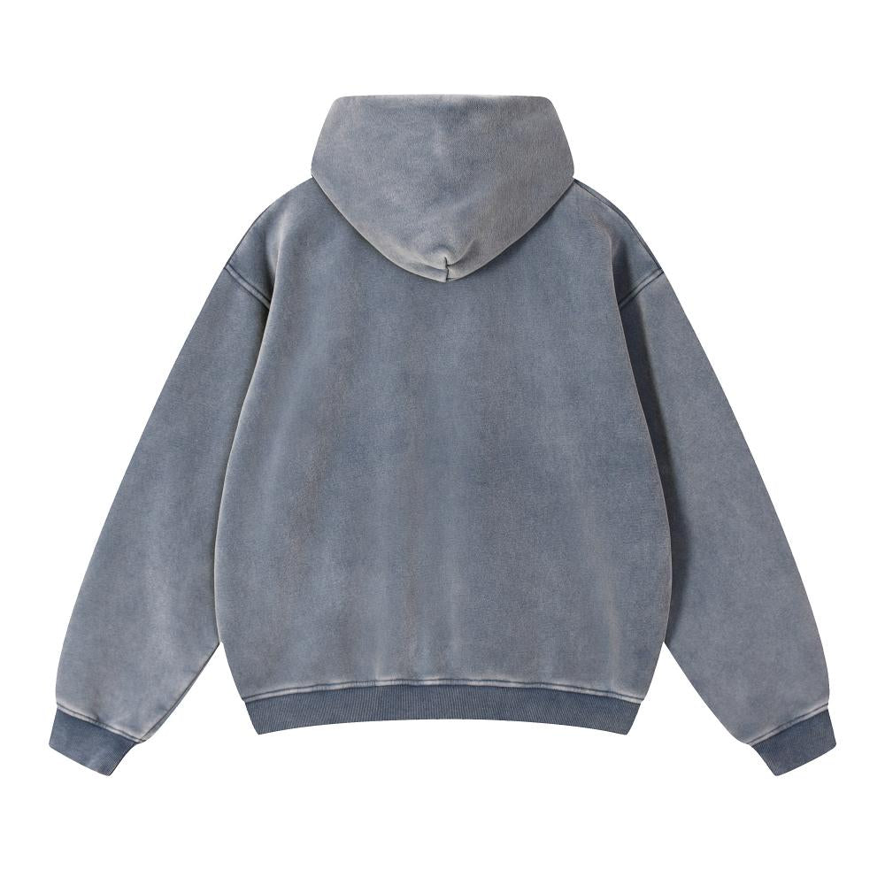 Unisex acid wash oversized full-zip hoodie, slate blue grey back view with hood
