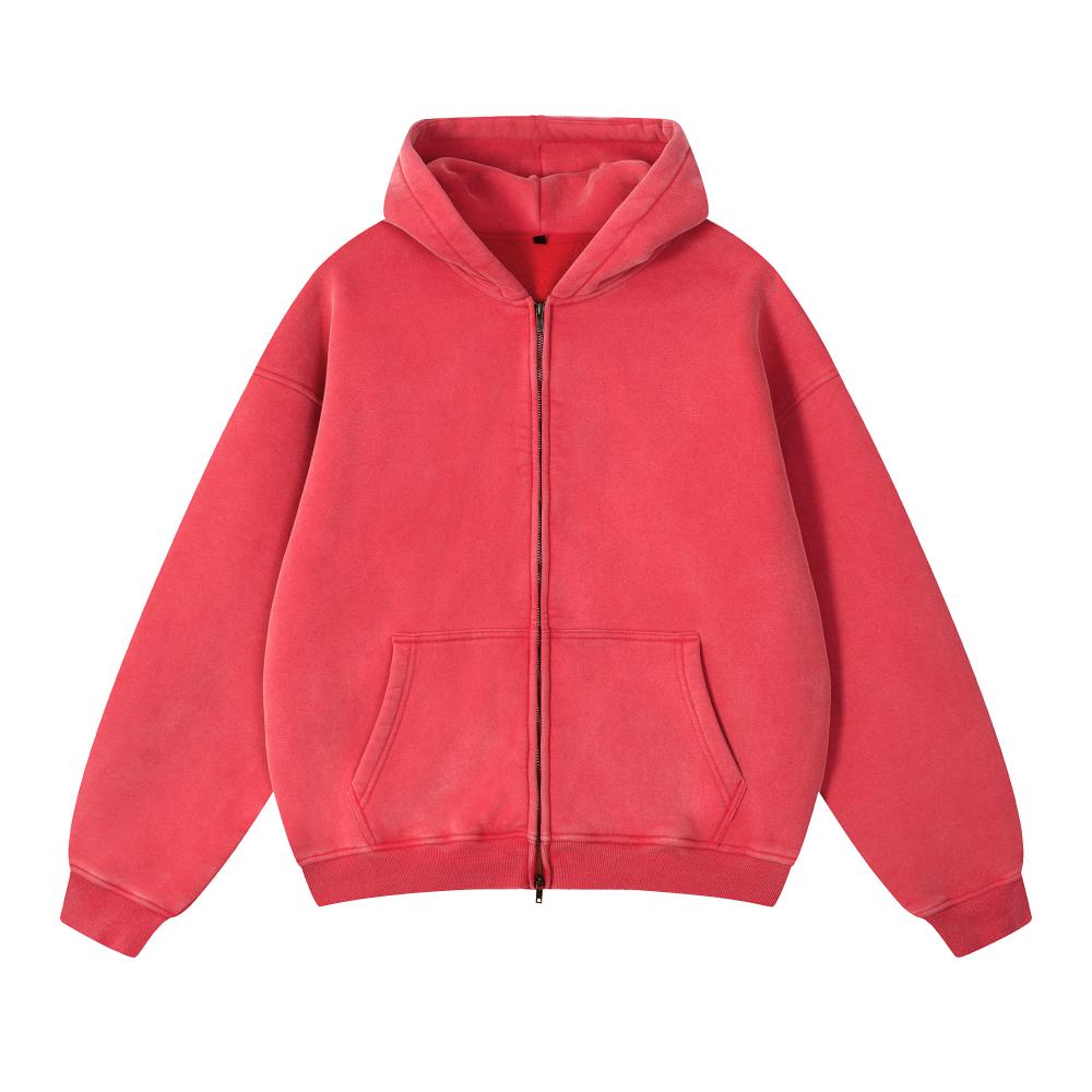 Unisex acid wash oversized full-zip hoodie, red front view with hood and pockets