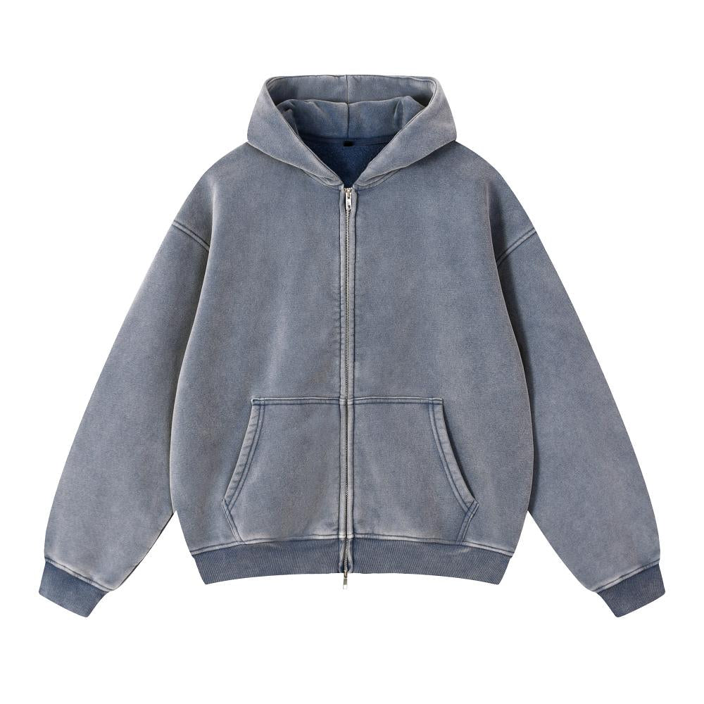 Unisex acid wash oversized full-zip hoodie, blue grey front view with hood and pockets