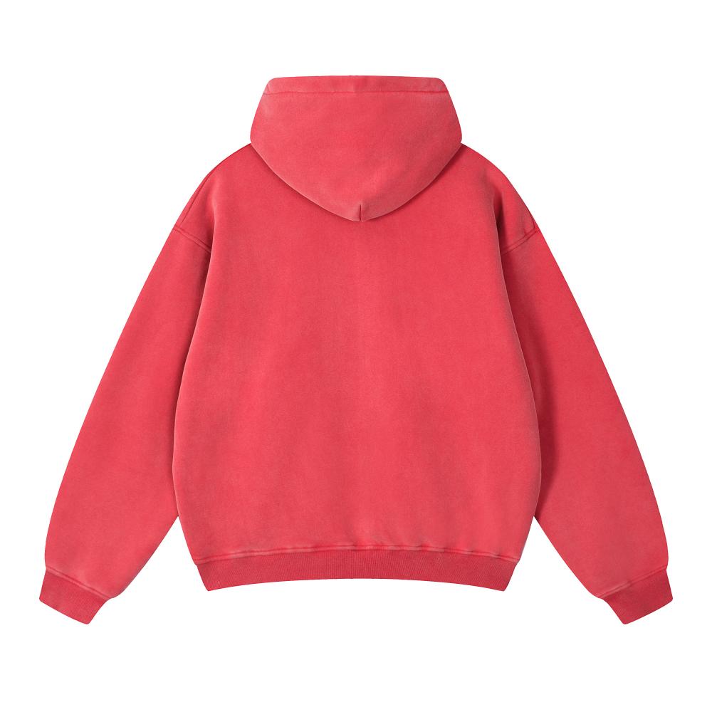 Unisex acid wash oversized full-zip hoodie, red back view with hood