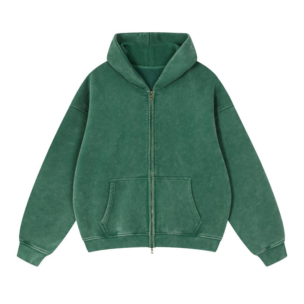 Unisex acid wash oversized full-zip hoodie, deep green front view with hood and pockets