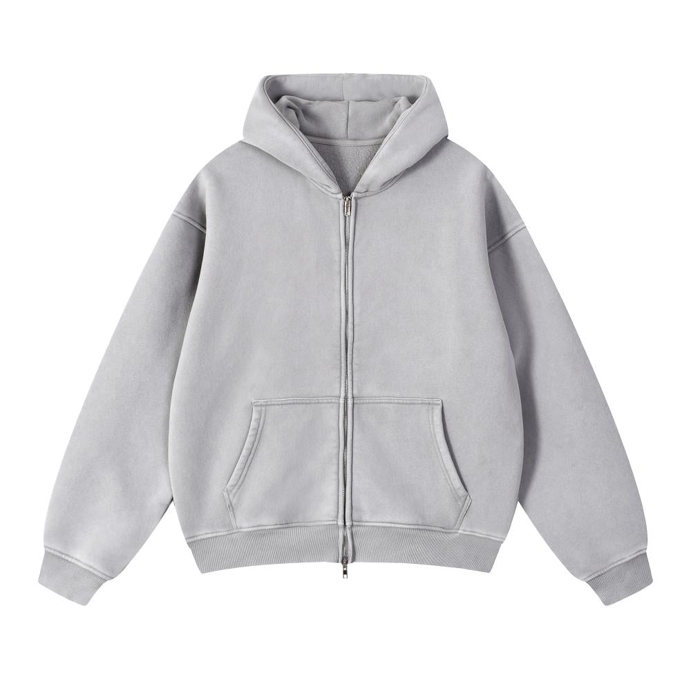 Light grey acid-wash full-zip hoodie with hood and front pockets