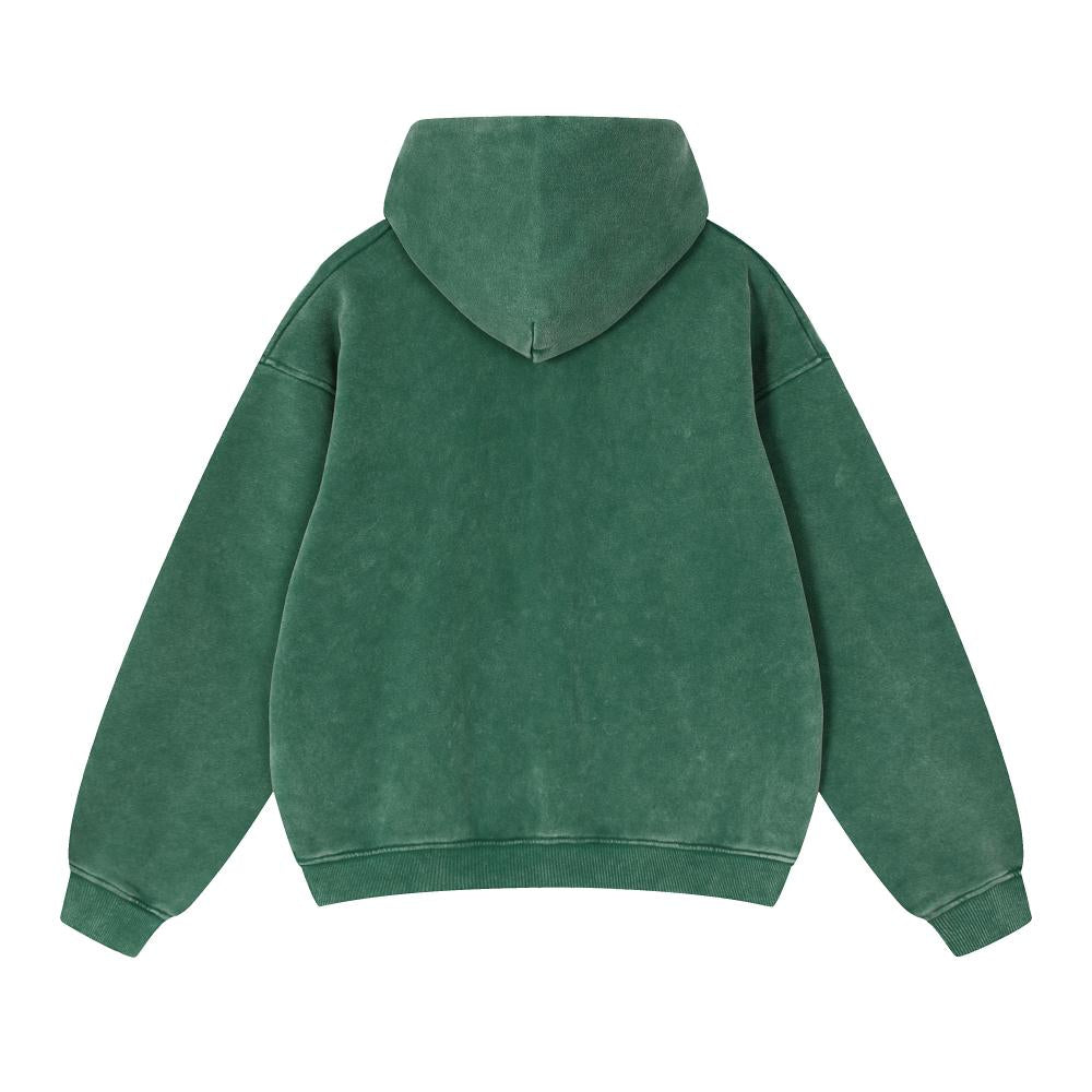 Deep green acid-wash full-zip hoodie with hood and front pockets