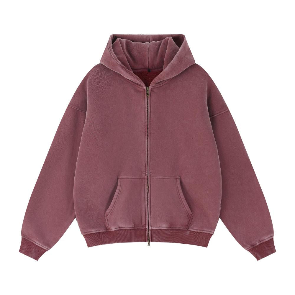 Burgundy acid-wash full-zip hoodie with hood and front pockets