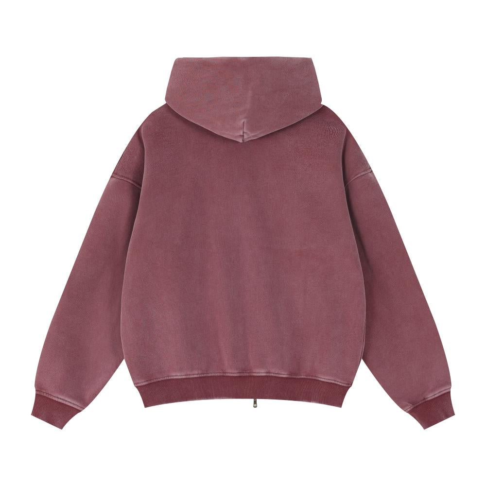 Back view of burgundy acid-wash full-zip hoodie with hood
