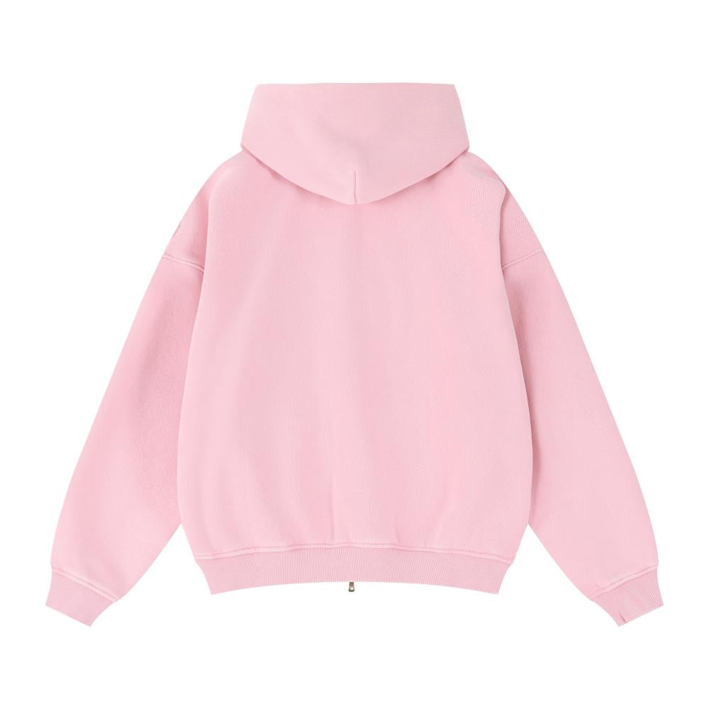 Back view of barbie pink acid-wash full-zip hoodie with hood