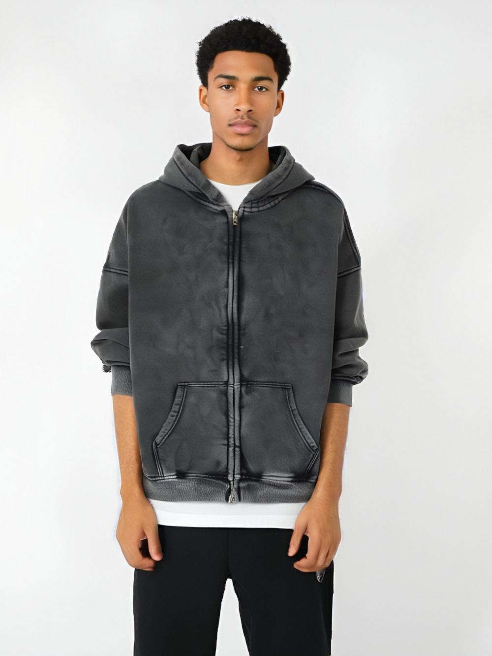 Black acid-wash full-zip hoodie with hood and front pockets, front view
