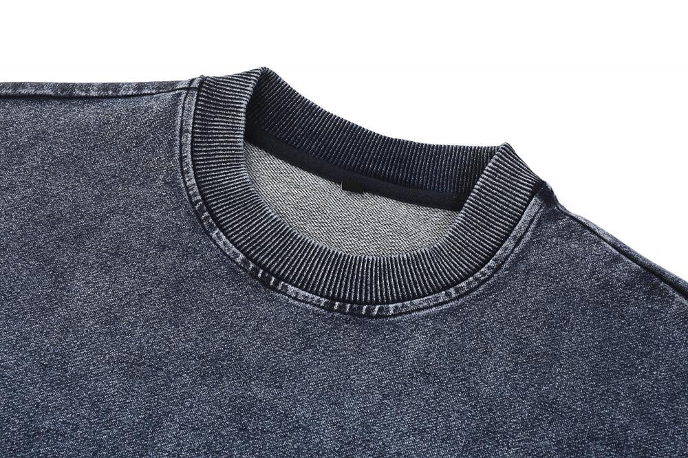 Crewneck collar and neckline rib trim on acid wash oversized sweatshirt, blue-gray