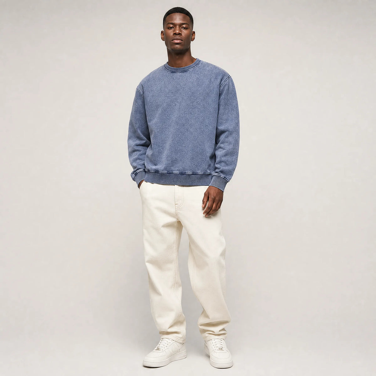 Unisex acid wash oversized crewneck sweatshirt, mid-blue, long sleeves with ribbed cuffs